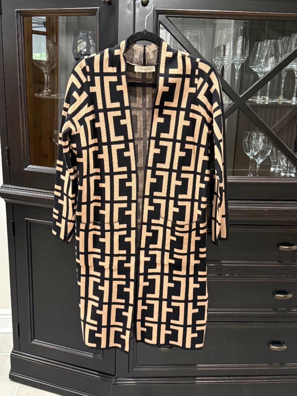 Venini Black & Tan Geometric Long Cardigan Sweater